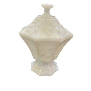 Vintage Octagonal White Milk Glass Compote With Lid Featuring Embossed Grapes &